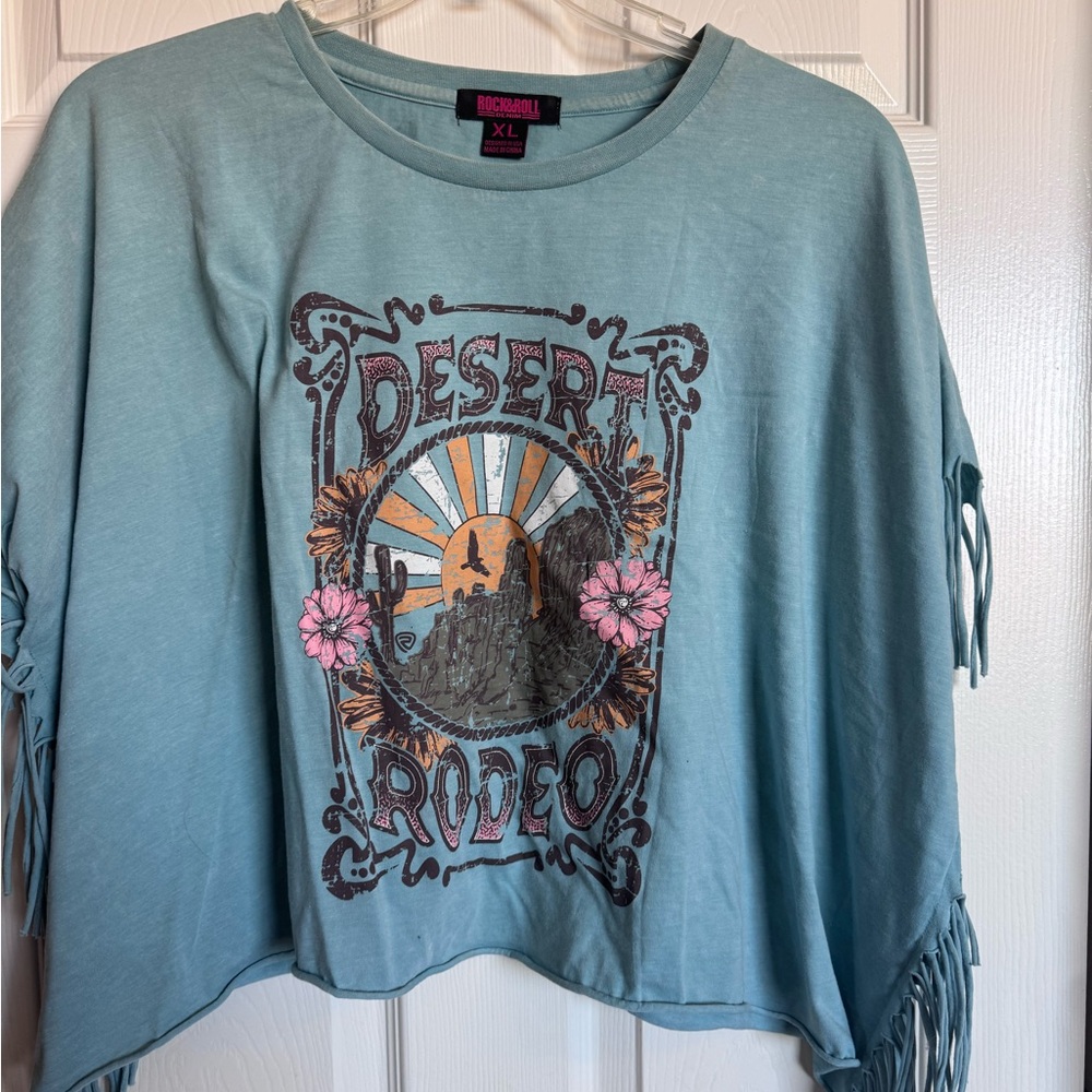 Rock & Roll Cowgirl Teal Desert Rodeo Fringe Top